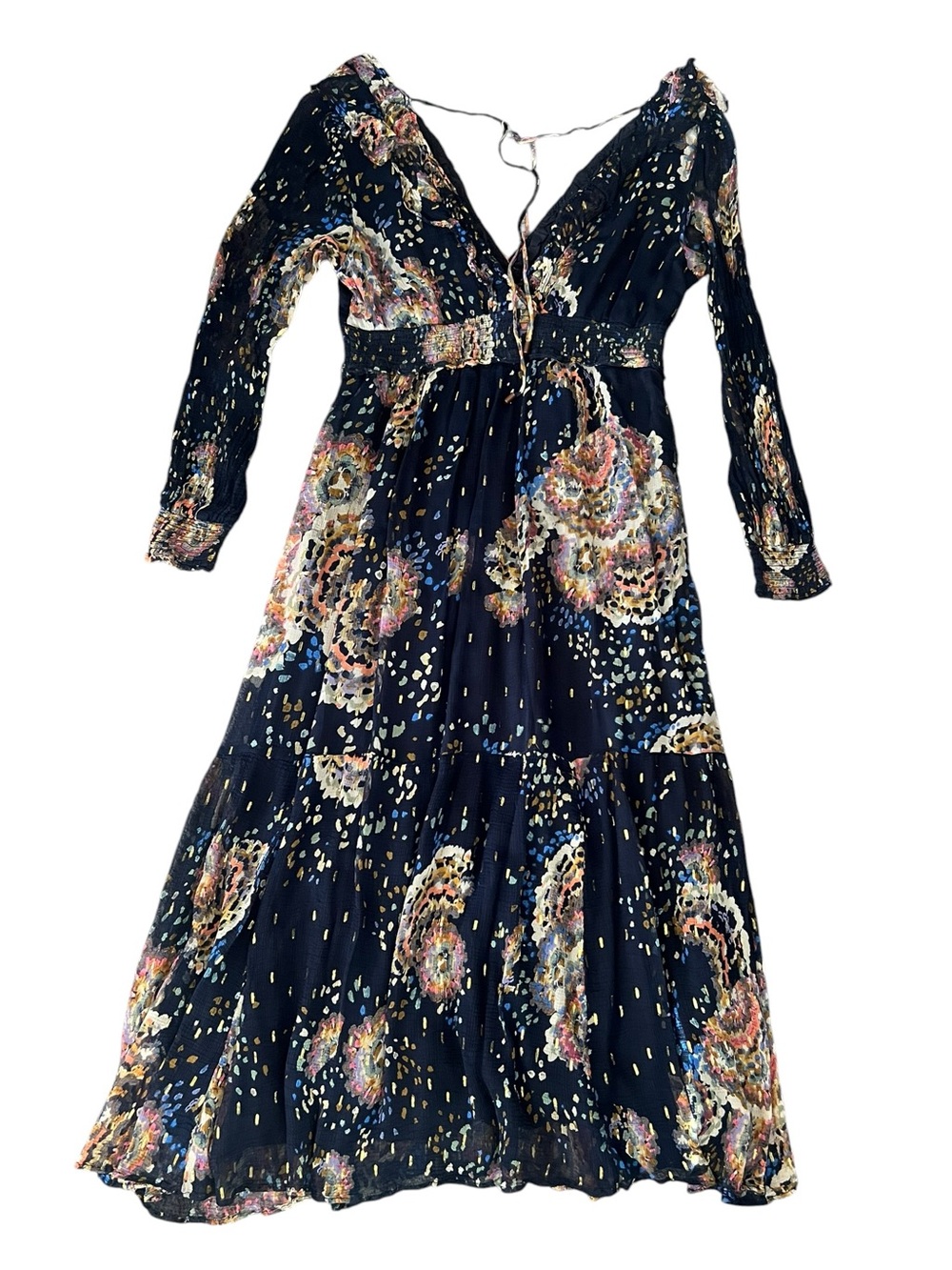 Anthropologie Women’s Smocked V-Neck Metallic Abstract Ruffle Blue Maxi Dress XL - Picture 6 of 16